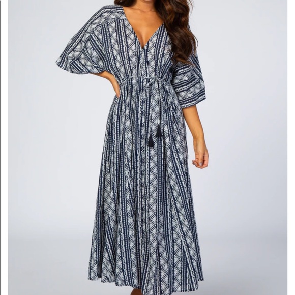 Pinkblush Navy Printed V-Neck Maternity Midi Dress - Picture 4 of 6